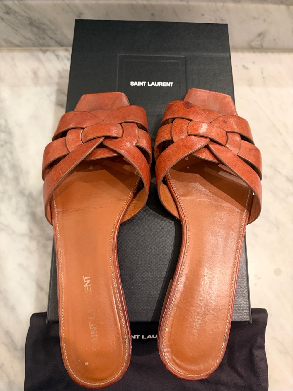 Saint Laurent Tribute Braided Leather Slide Sandals - Tan Brown